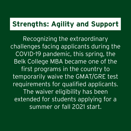 Strengths: Agility and Support Recognizing the extraordinary challenges facing applicants during the COVID-19 pandemic, this spring, the Belk College MBA became one of the first programs in the country to temporarily waive the GMAT/GRE test requirements for qualified applicants. The waiver eligibility has been extended for students applying for a spring 2021 start.